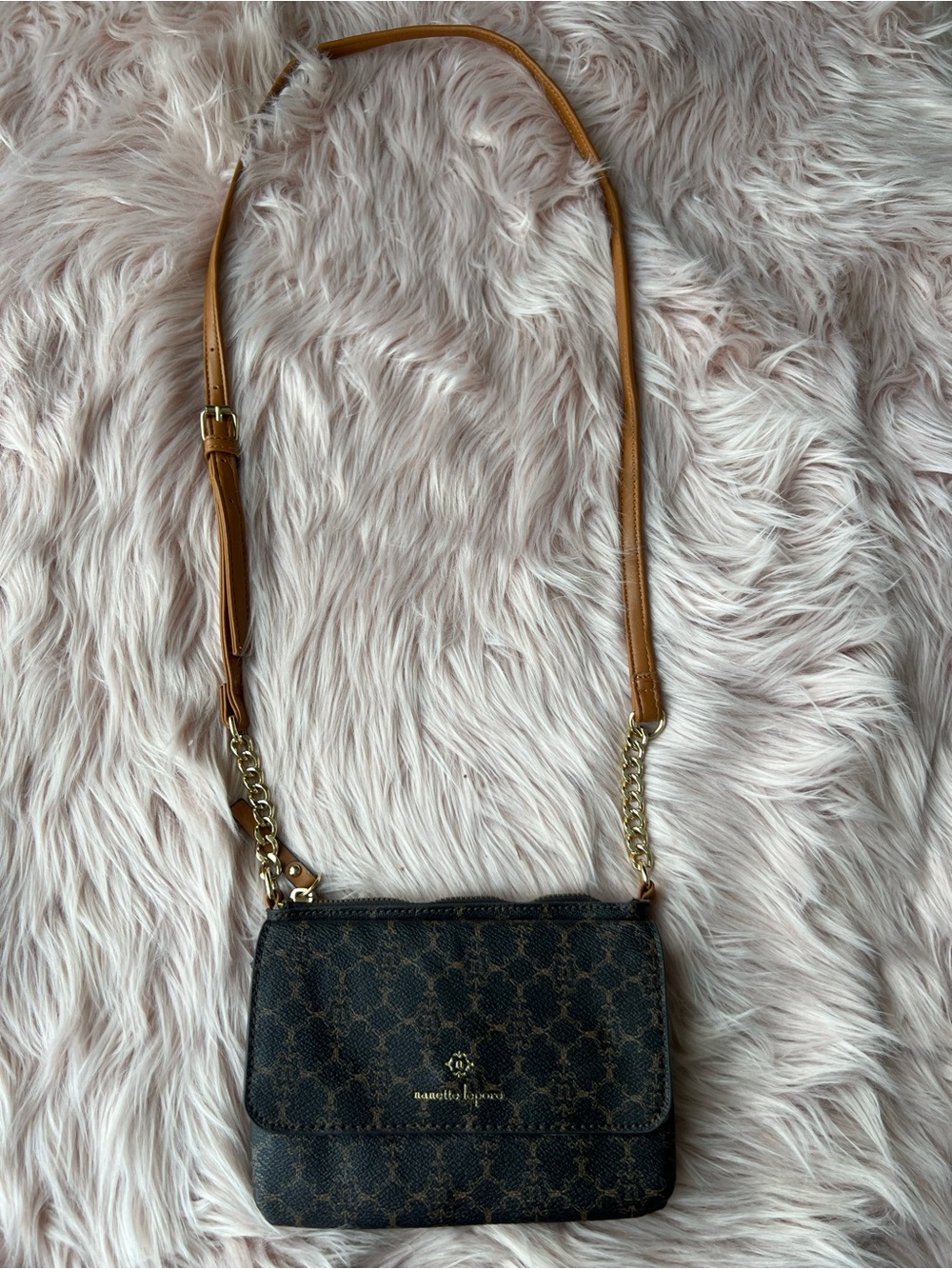 Nanette Lepore Brown Monogram Crossbody with Tan Strap and Gold Accents